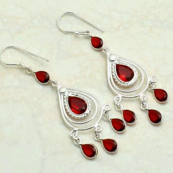 Garnet Sterling Silver Drop Dangle Earrings - Picture 1 of 1